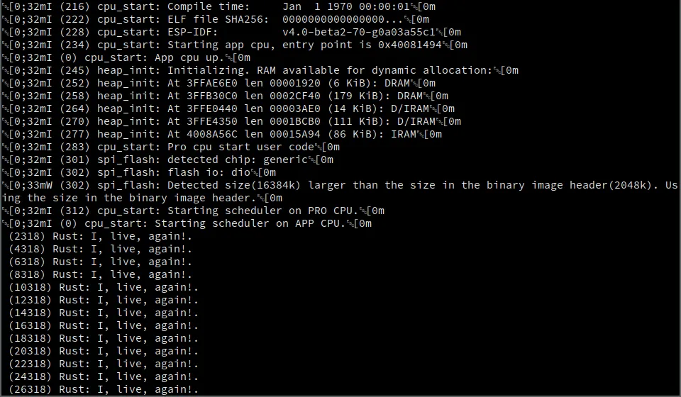 It lives! a tty console displaying a message from rust from the microcontroller