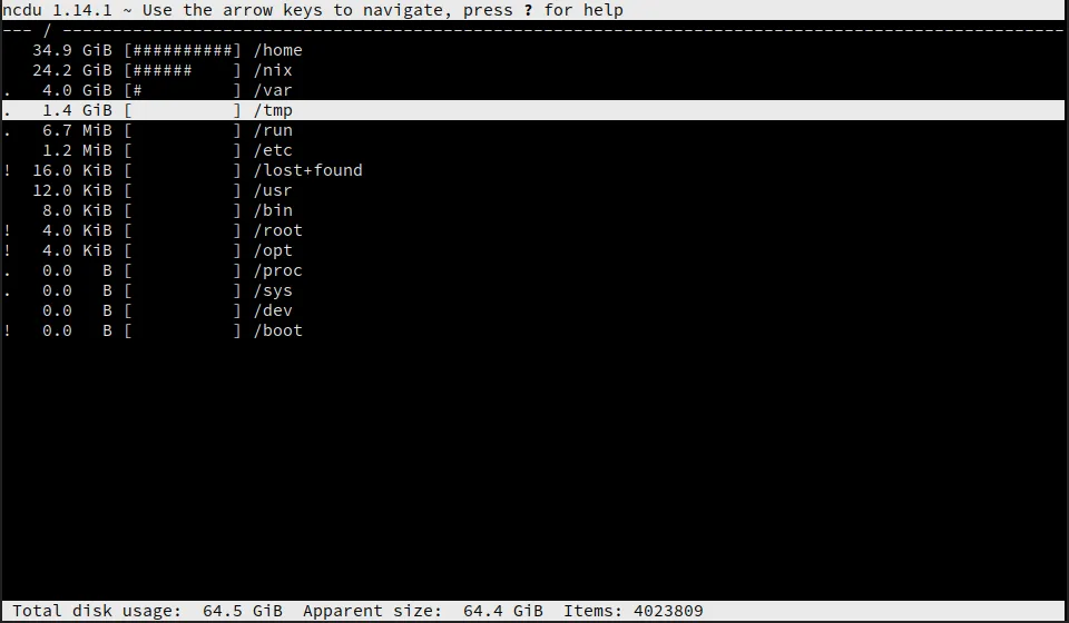 NCDU command line size browser a terminal window showing the root of a linux tree with file sizes of each directory