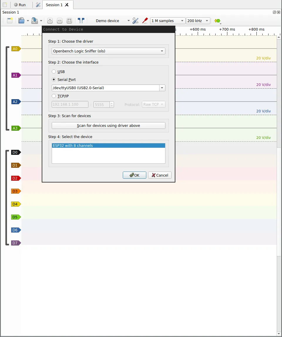 pulseview showing the option to connect to the esp32