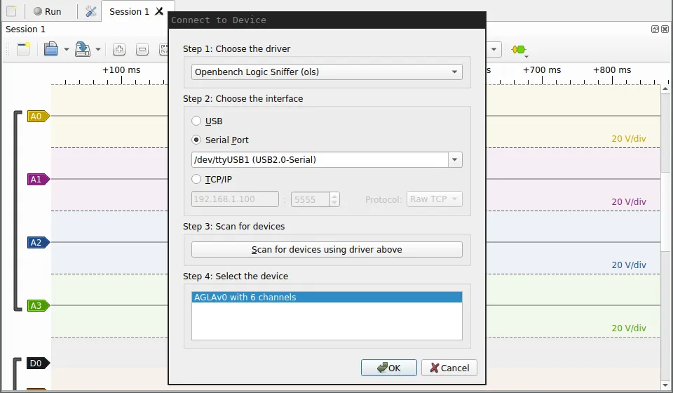 Selecting the arduino board in pulseview a selection dialog selecting arduino in pulseview