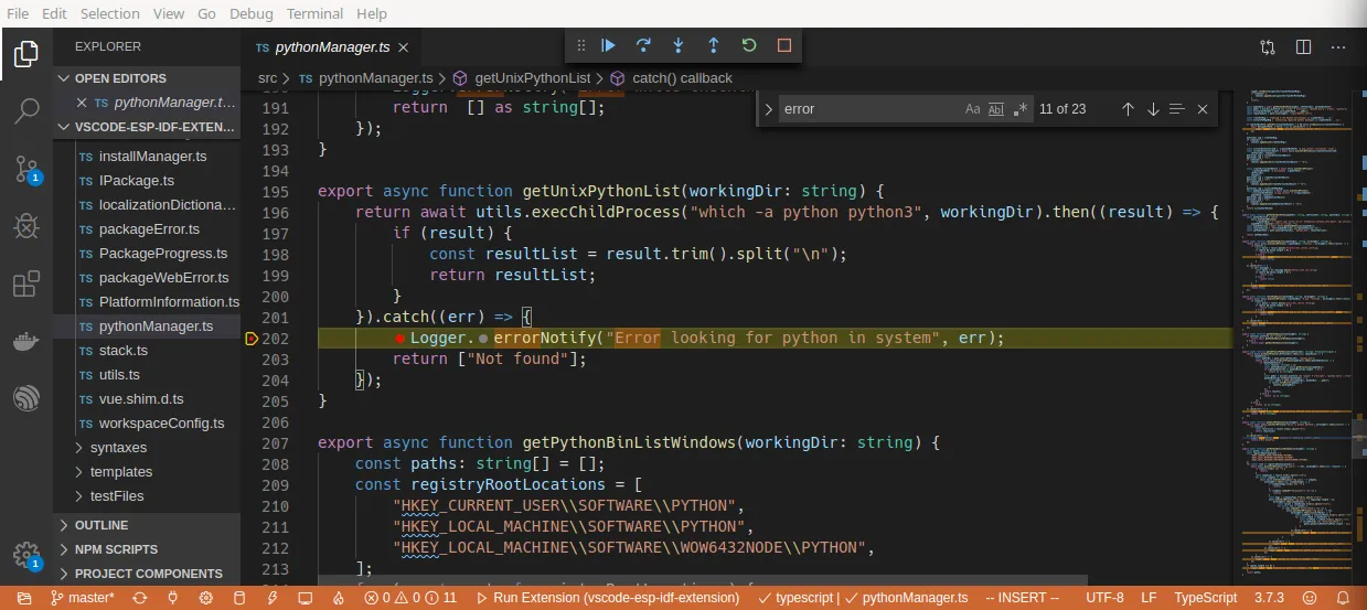 vscode paused on the error