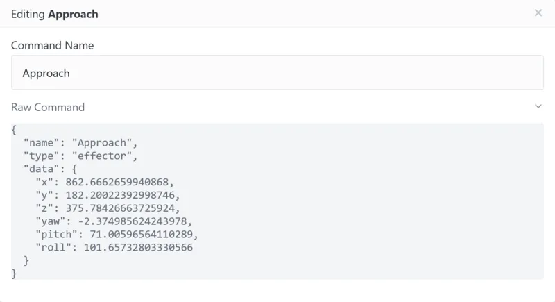 modal displaying a command name input and a json serialized command