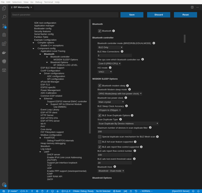a gui menu showing esp-idf configuration options