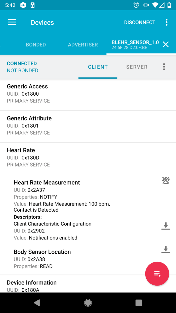 app displaying bluetooth heartrate service