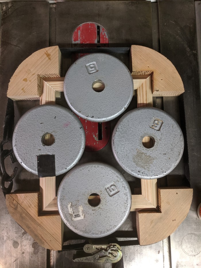 Wooden corner blocks with a strap around them clamp the frame in place while weights on top keep it from buckling