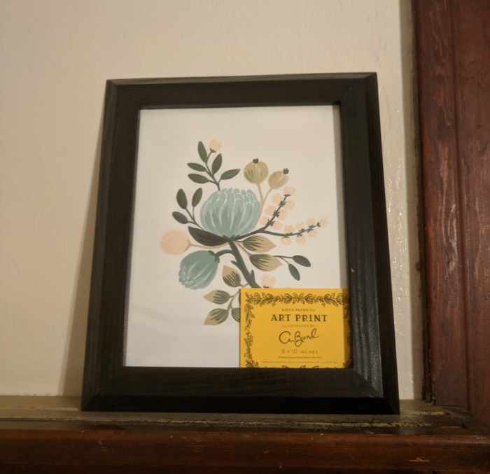 The frame sitting on a shelf containing the artwork