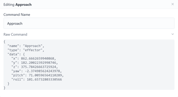 modal displaying a command name input and a json serialized command